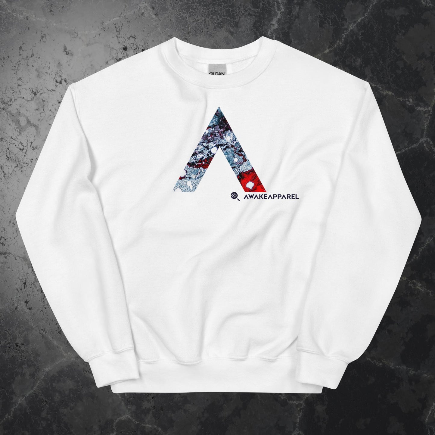 Front of White Mindful Comfort Sweatshirt with Monogrammed "A" - Unisex