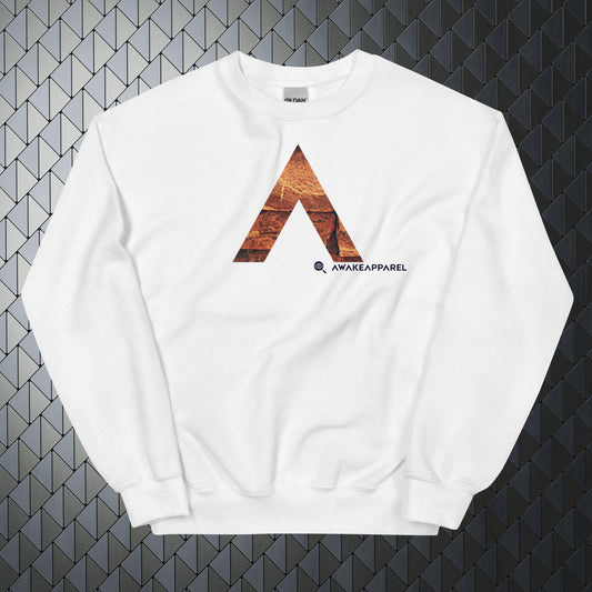 Front of White Mindful Comfort Sweatshirt with Monogrammed "A" - Unisex