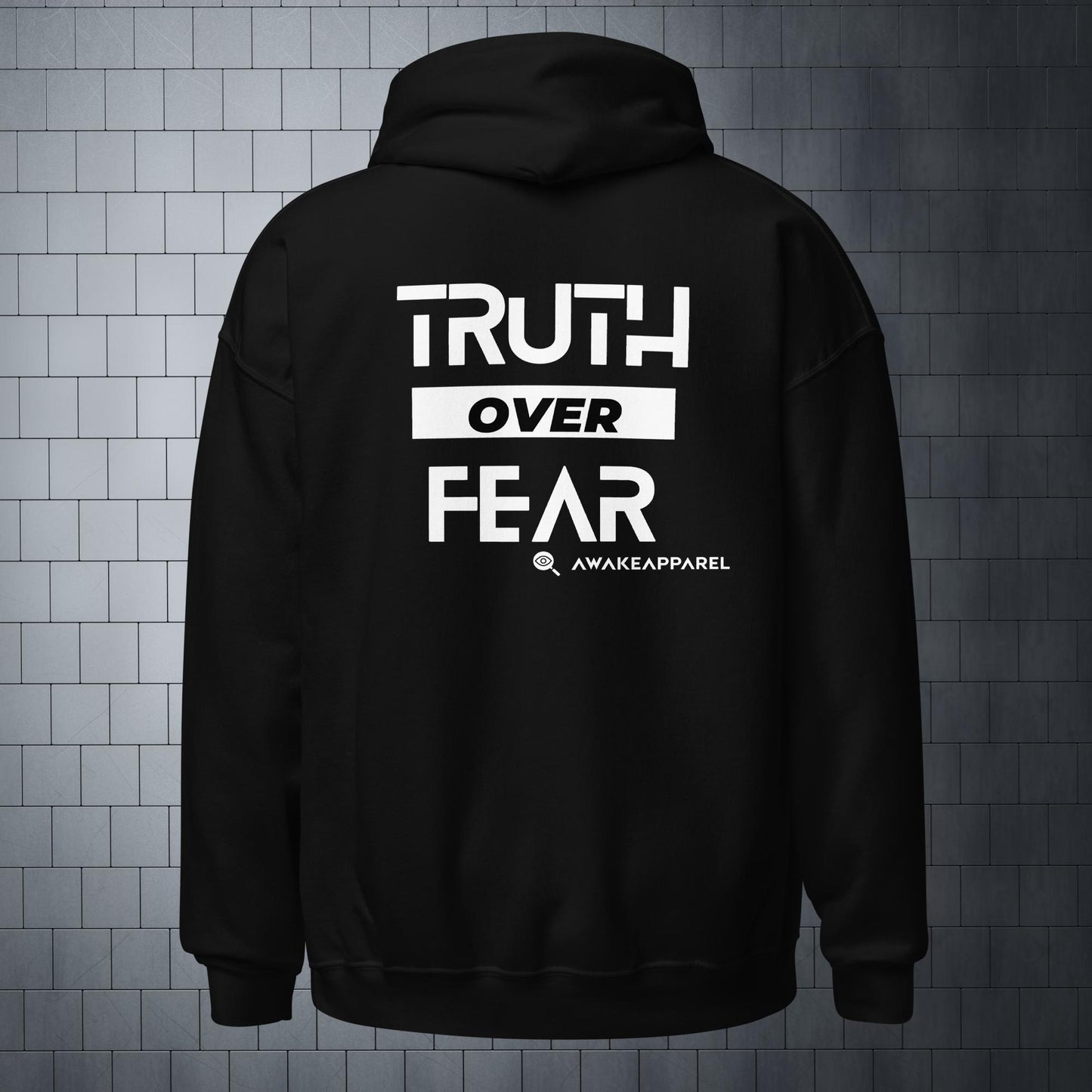 Back of Black Courageous Comfort Hoodie - 'Truth over Fear' with AwakeApparel Logo