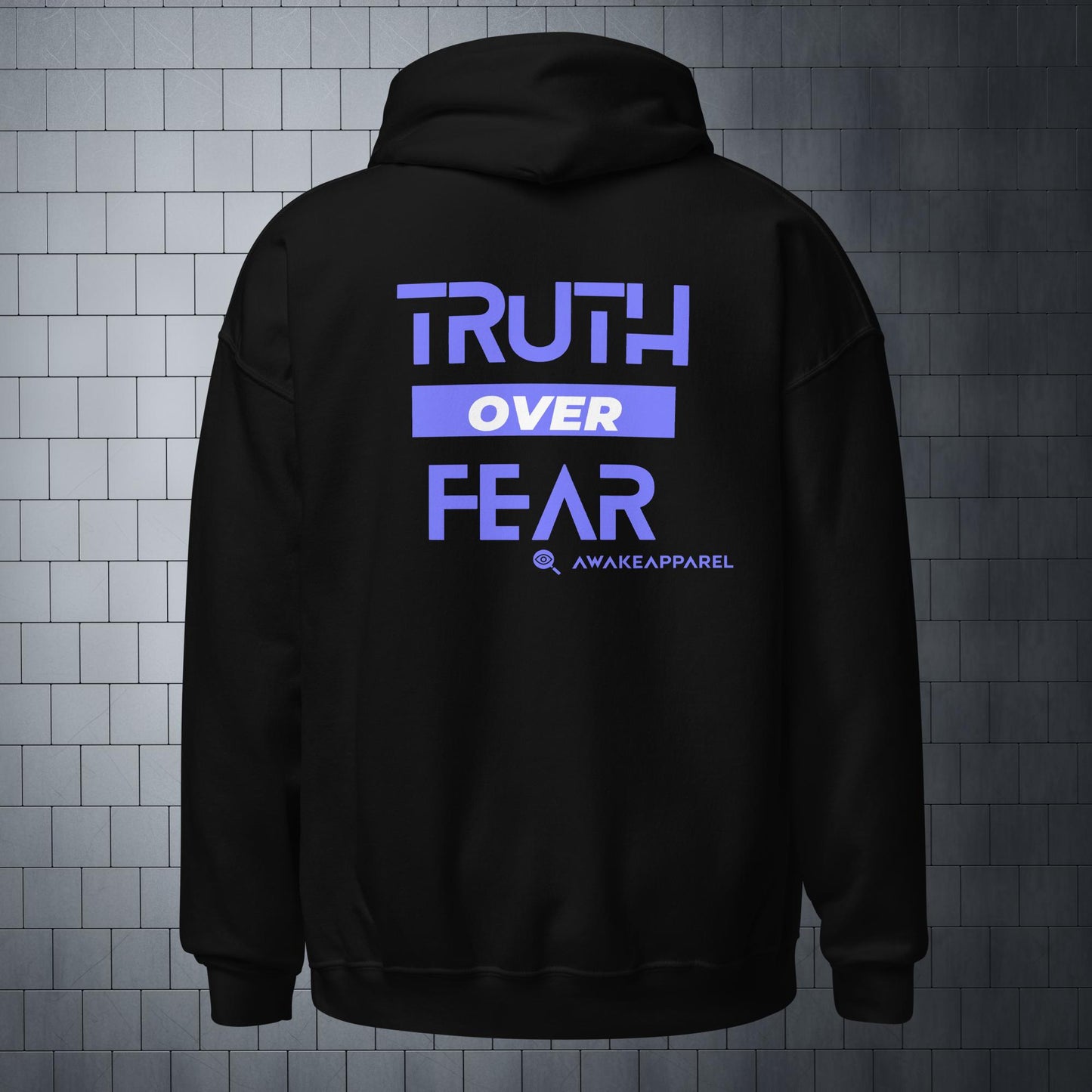 Back of Black Courageous Comfort Hoodie - 'Truth over Fear' with AwakeApparel Logo