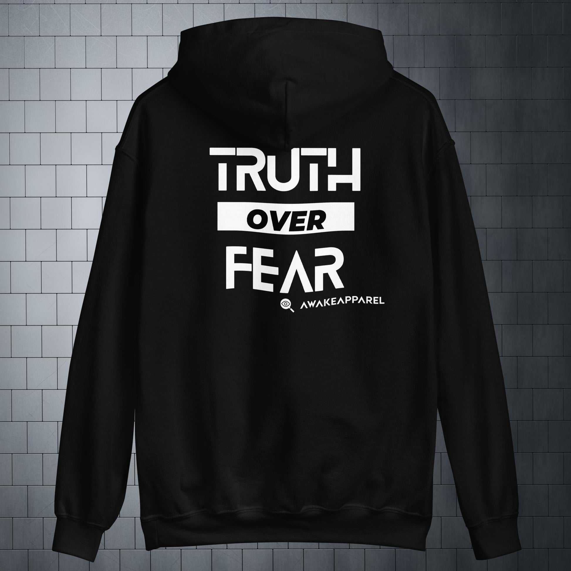 Back of Black Courageous Comfort Hoodie - 'Truth over Fear' with AwakeApparel Logo