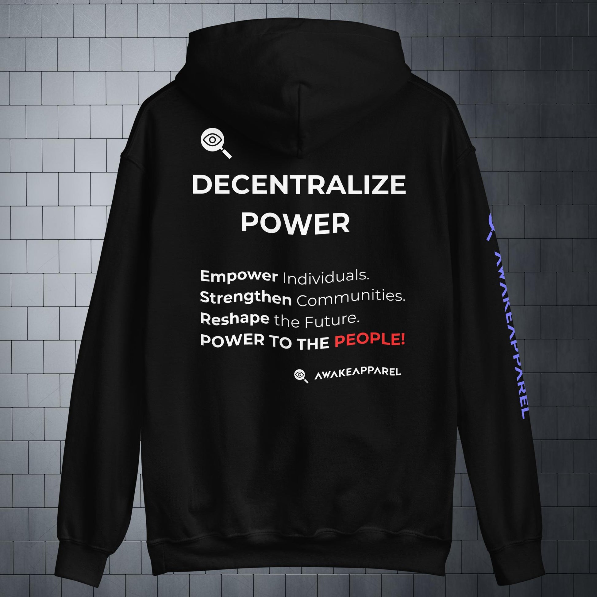 Back of Black Couragious Comfort Hoodie - 'Empower Individuals. Strengthen Communities. Reshape the Future. POWER TO THE PEOPLE!' with AwakeApparel Logo