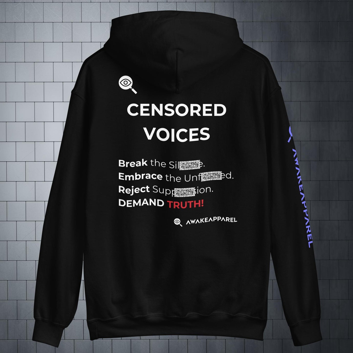 Back of Black Couragious Comfort Hoodie - 'Break the Silence. Embrace the Unfiltered. Reject Suppression. DEMAND TRUTH!' with AwakeApparel Logo