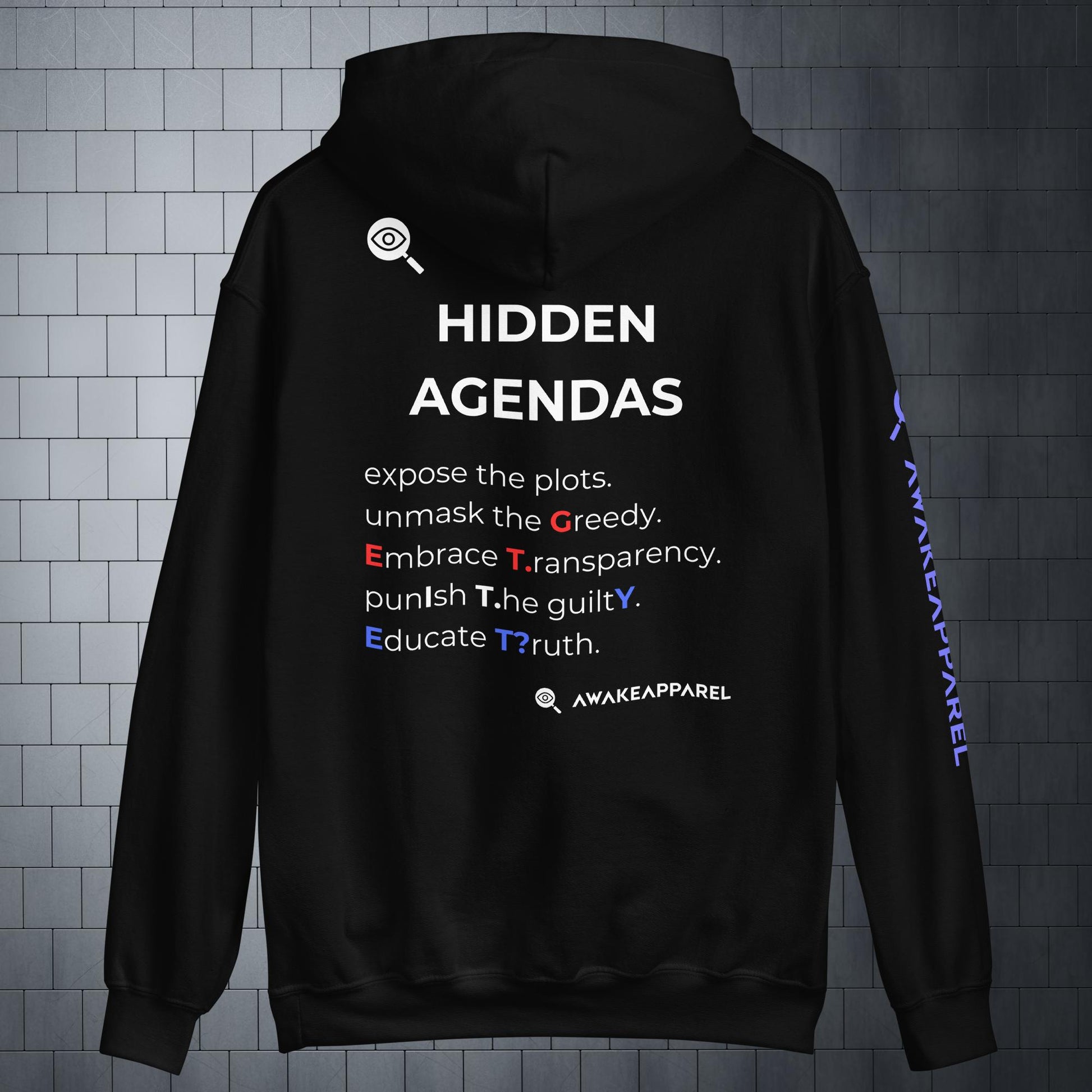 Back of Black Couragious Comfort Hoodie - 'Expose the plots. Unmask the Greedy. Embrace Transparency. Punish The Guilty. Educate Truth.' with AwakeApparel Logo