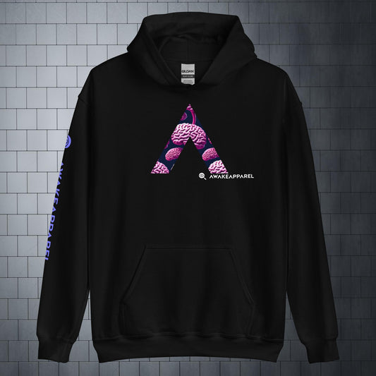 Front of Black Couragious Comfort Hoodie with Monogrammed "A" - Unisex