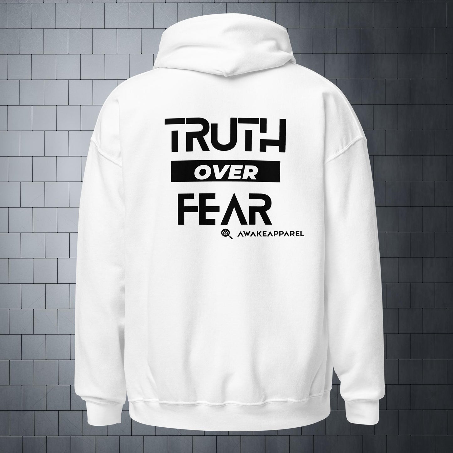 Back of White Courageous Comfort Hoodie - 'Truth over Fear' with AwakeApparel Logo