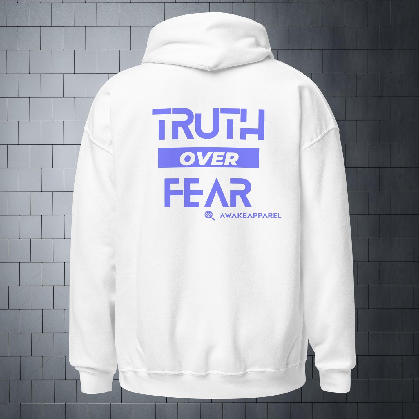 Back of White Courageous Comfort Hoodie - 'Truth over Fear' with AwakeApparel Logo