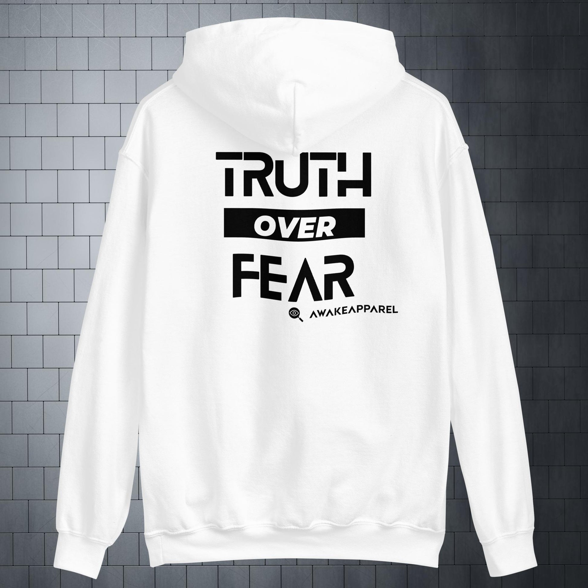 Back of White Courageous Comfort Hoodie - 'Truth over Fear' with AwakeApparel Logo