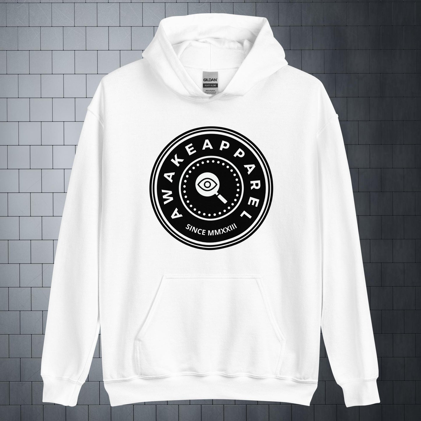 Front of White Courageous Comfort Hoodie with White Crest on Solid Black - Unisex