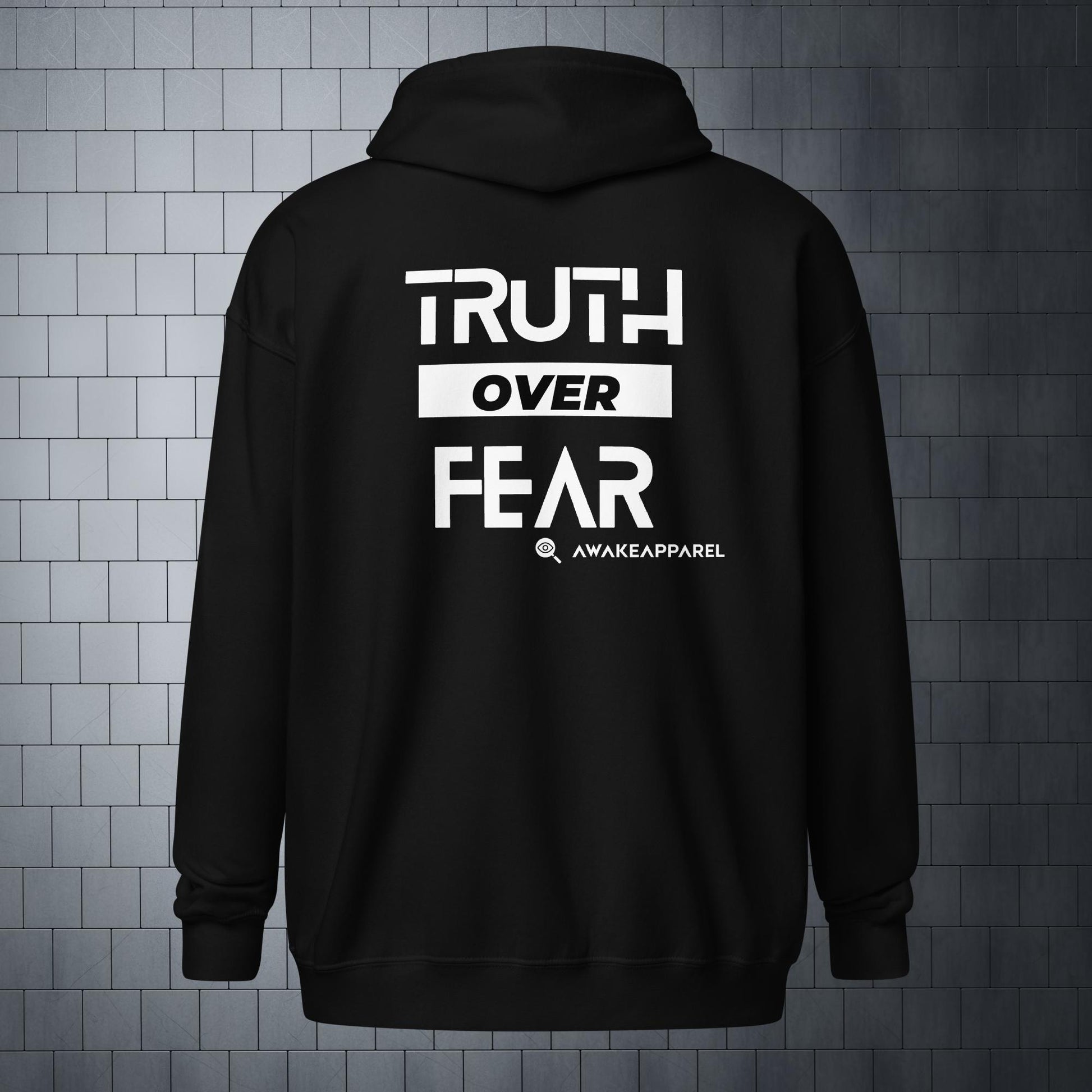 Back of Black Empowered Impact Zip Hoodie - 'Truth over Fear' with AwakeApparel Logo