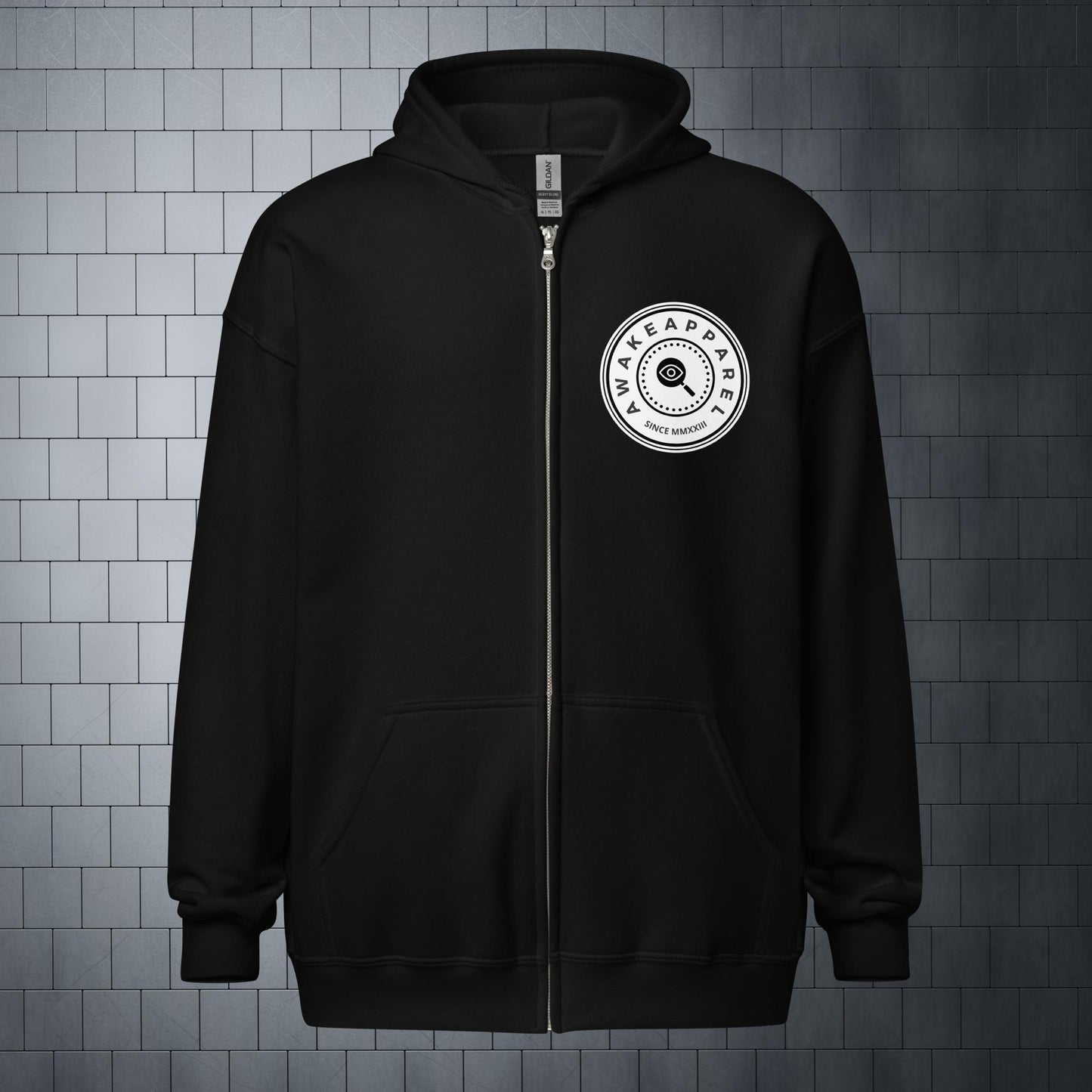 Front of Black Empowered Impact Zip Hoodie with Black Crest on Solid White 