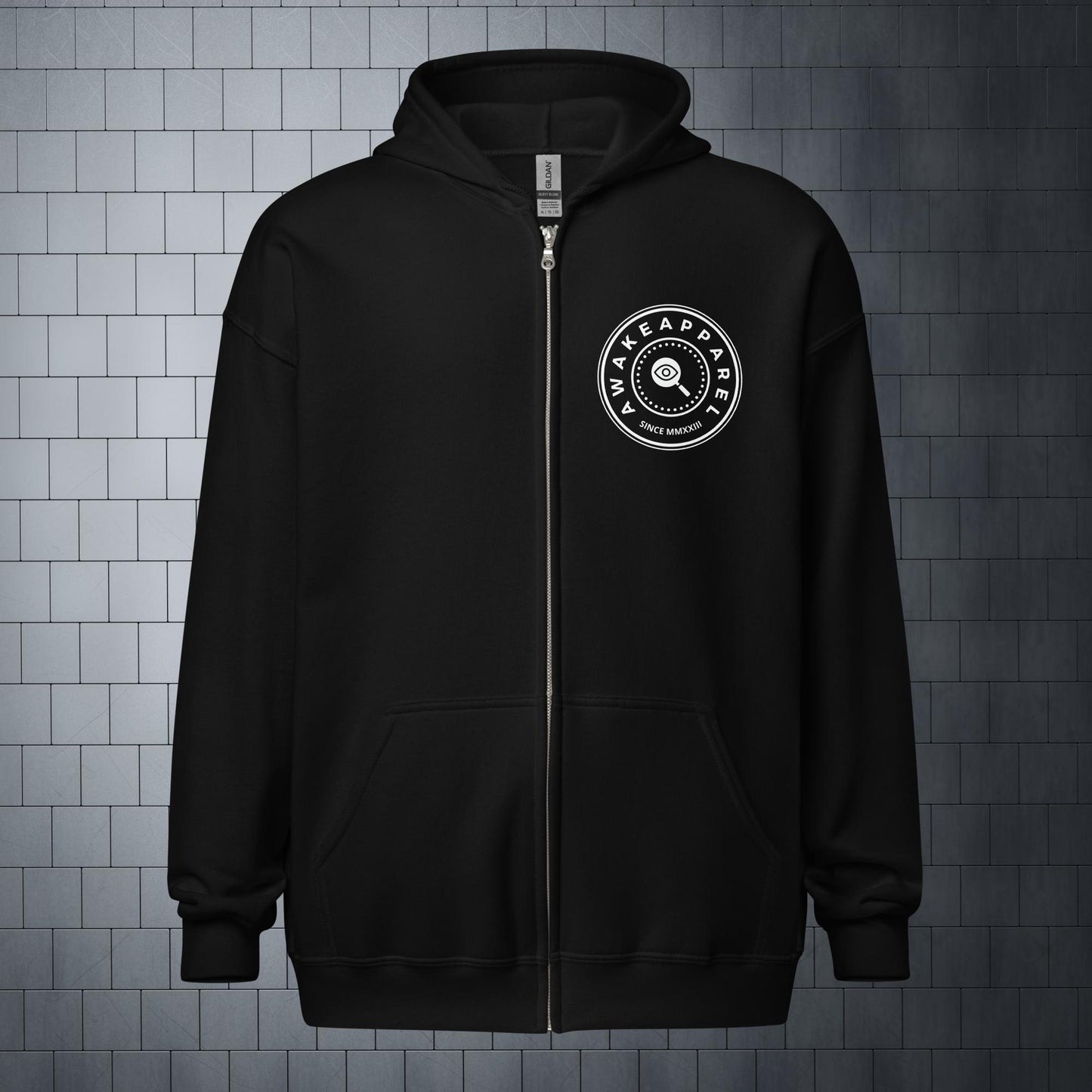 Front of Black Empowered Impact Zip Hoodie with White Crest 