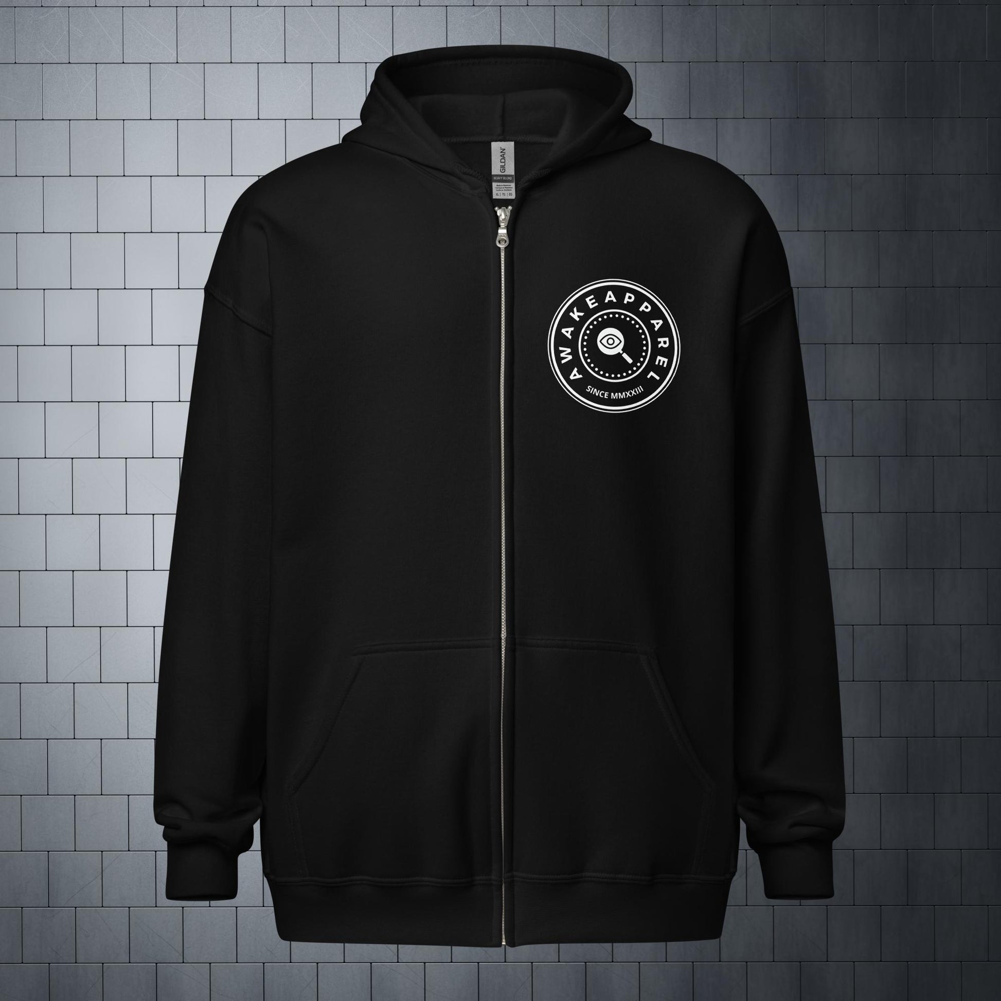 Front of Black Empowered Impact Zip Hoodie with White Crest 