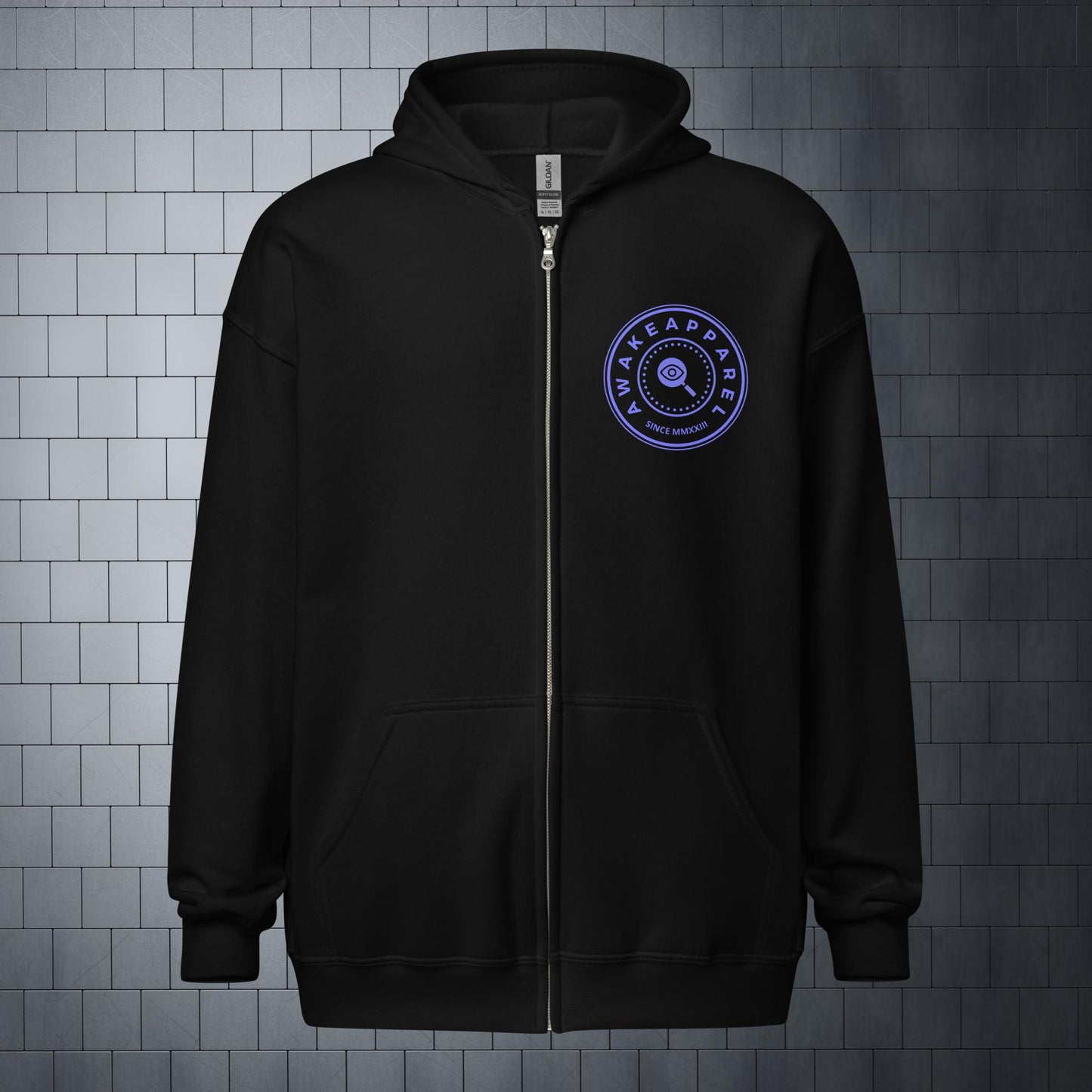 Front of Black Empowered Impact Zip Hoodie with Purple Crest