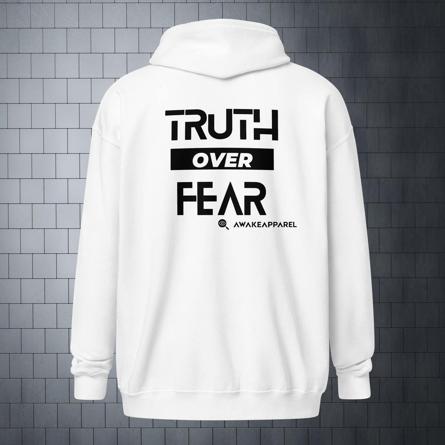 Back of White Empowered Impact Zip Hoodie - 'Truth over Fear' with AwakeApparel Logo 