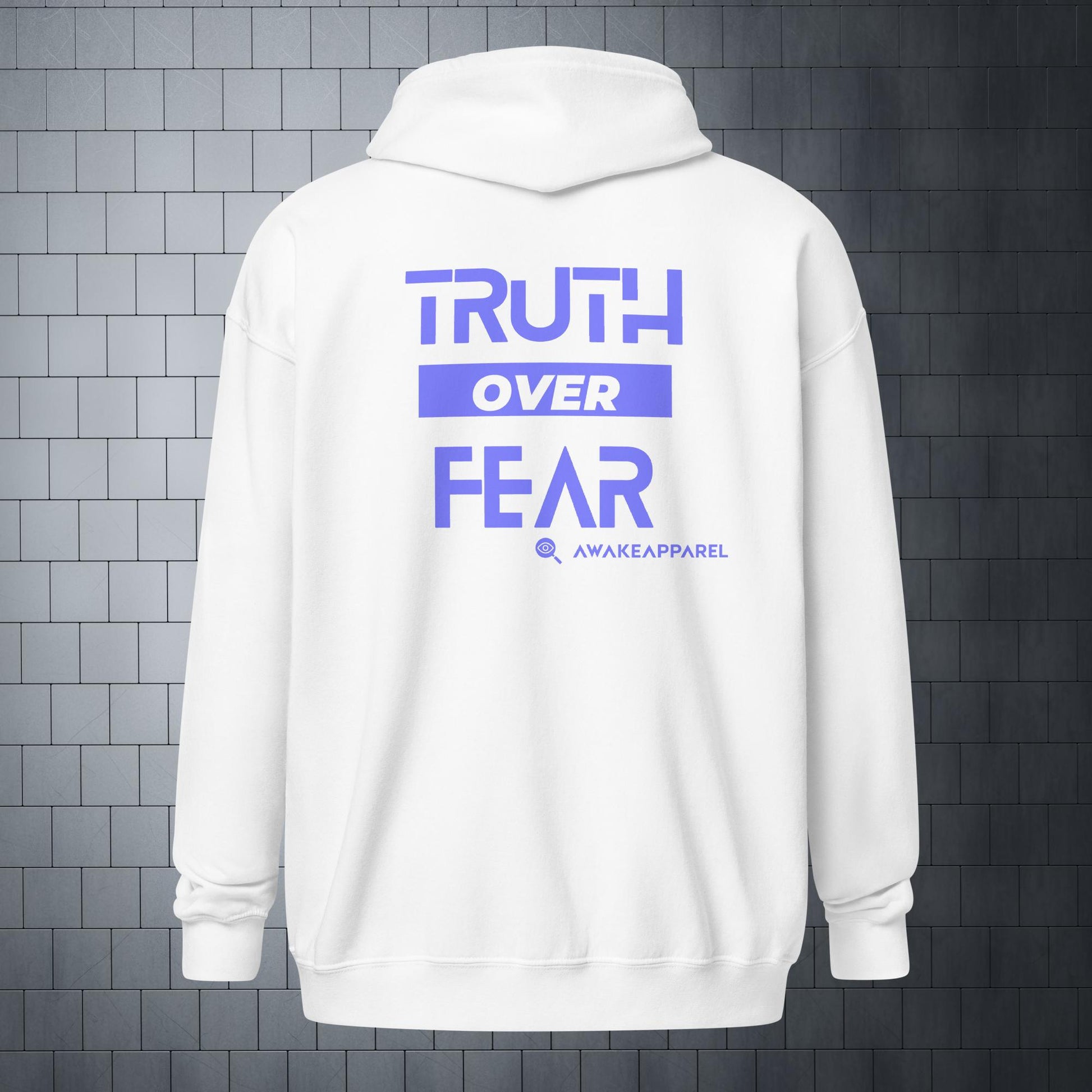 Back of White Empowered Impact Zip Hoodie - 'Truth over Fear' with AwakeApparel Logo 