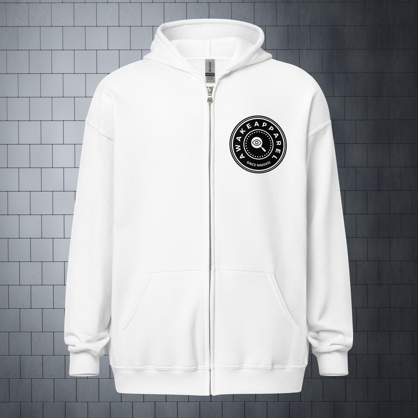 Front of White Empowered Impact Zip Hoodie with White Crest on Solid Black 