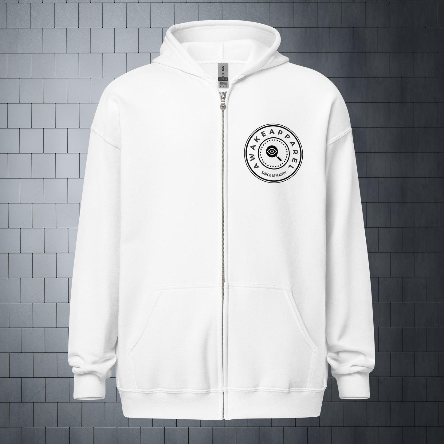 Front of White Empowered Impact Zip Hoodie with Black Crest 