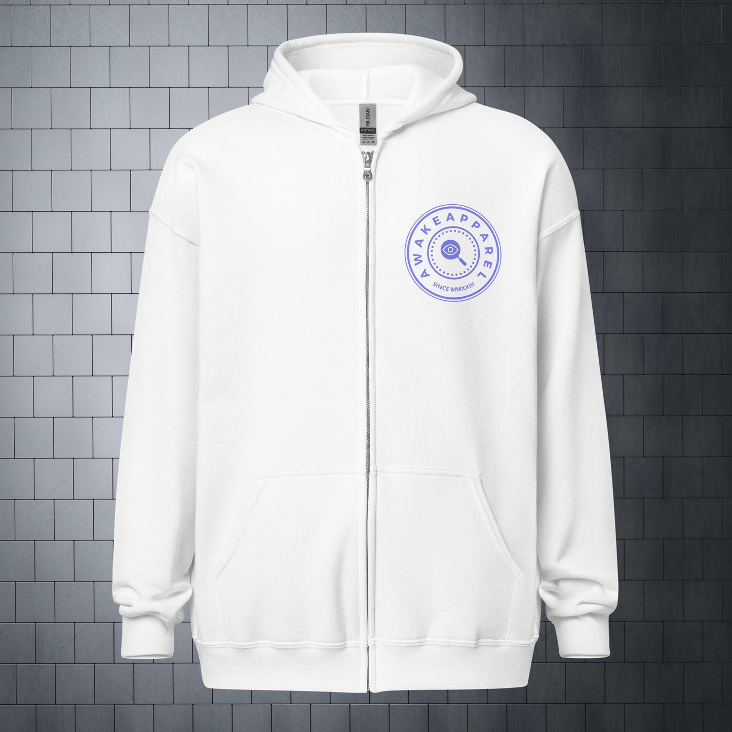 Front of White Empowered Impact Zip Hoodie with Purple Crest