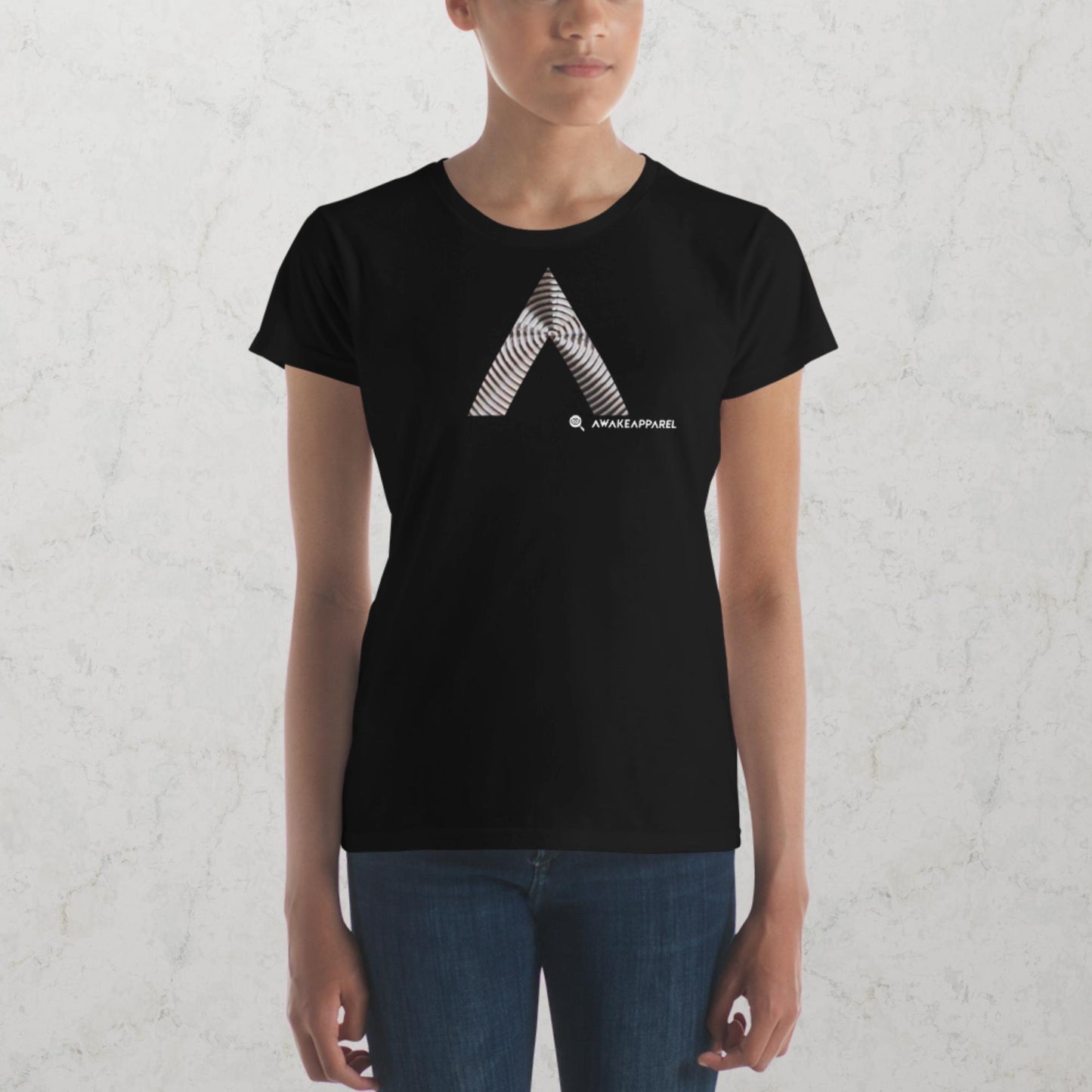 Front of Black Conscious Comfort T-Shirt with Monogrammed "A" - Unisex