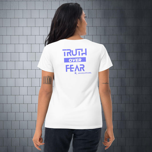 Back of White Conscious Comfort Women's T-Shirt - 'Truth over Fear' with AwakeApparel Logo