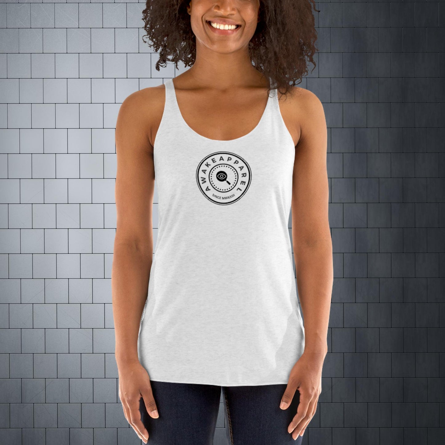 Front of White Women's Racerback Tank with Black Crest