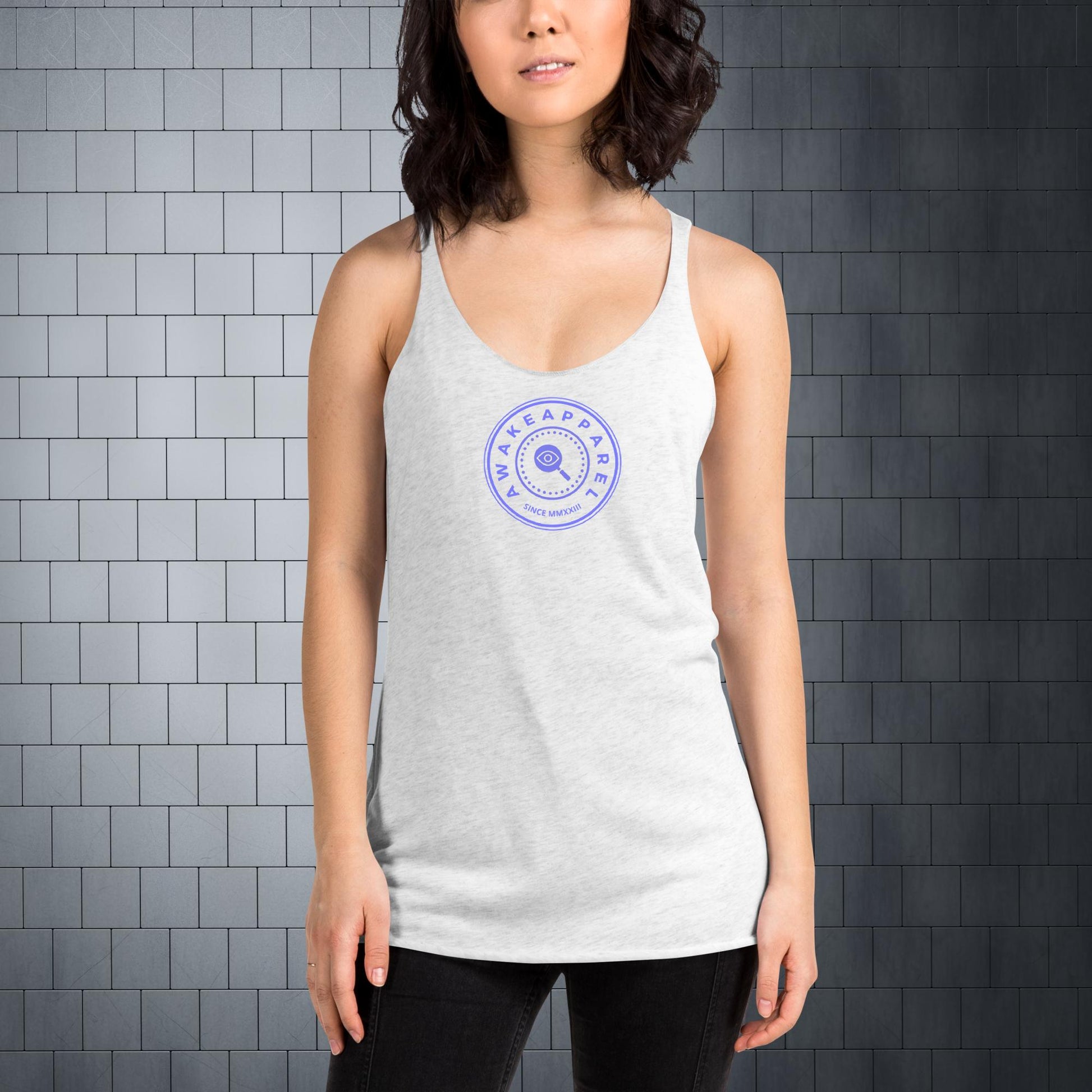 Front of White Women's Racerback Tank with Purple Crest