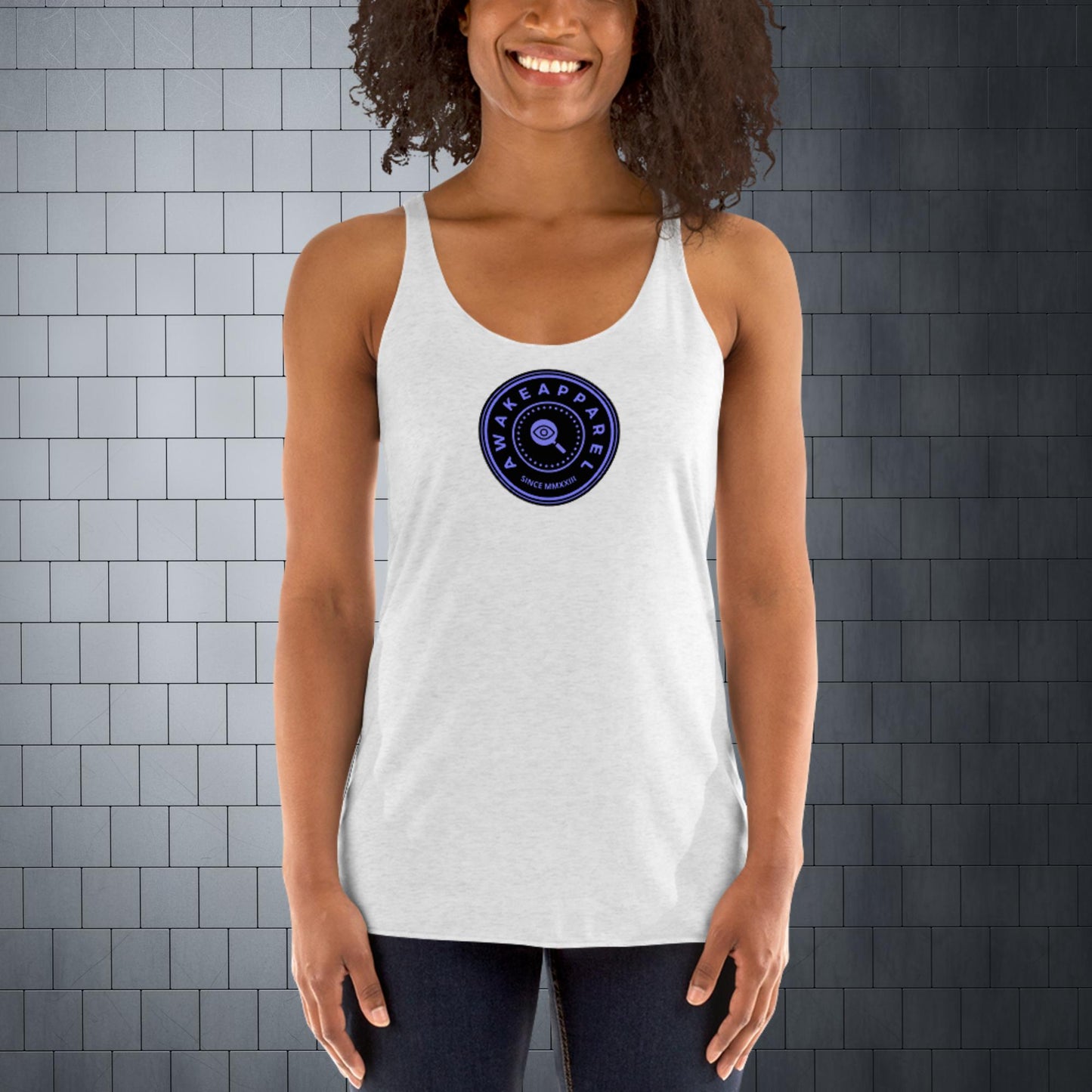 Front of White Women's Racerback Tank with Purple Crest on Solid Black