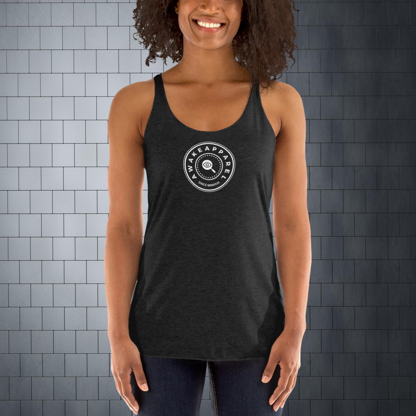 Front of Black Women's Racerback Tank with White Crest