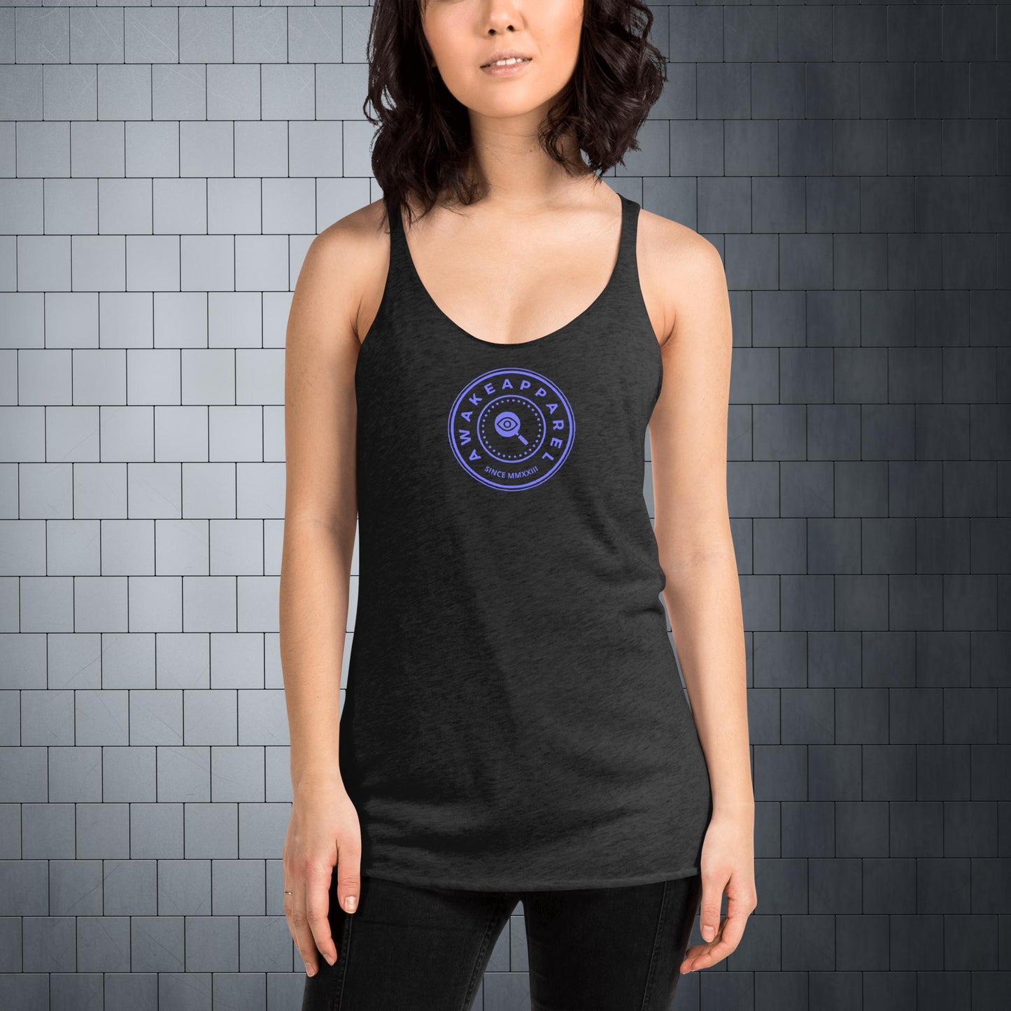 Front of Black Women's Racerback Tank with Purple Crest