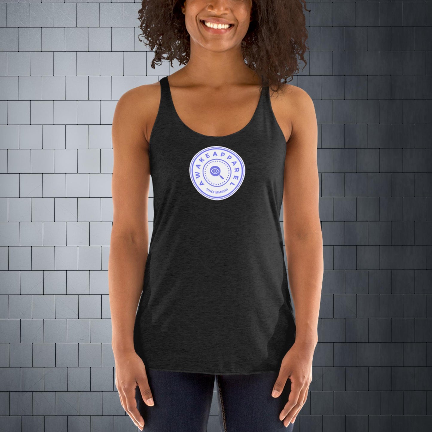 Front of Black Women's Racerback Tank with Purple Crest on Solid White